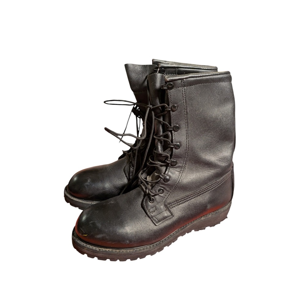 Mens Black Leather Military Combat Boots Vibram Lug Sole Lace Up Size 8.5 R